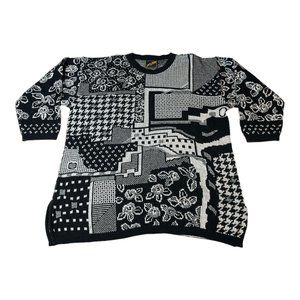 80’s 90’s Abstract Geometric Floral Women’s Pullover XL Black White 3/4 Sleeve‎